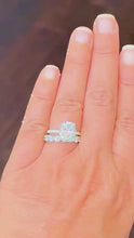 Load and play video in Gallery viewer, Elongated Cushion Cut and Round Cut Sides Simulated Diamonds Engagement Ring And Matching Band 14K Solid White Gold Wedding Set 6.50ctw

