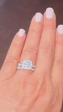 Load and play video in Gallery viewer, Cushion Cut And Round Cut Sides Simulated Diamonds Engagement Ring And Matching Band Halo Wedding Ring 14K Solid White Gold Bridal Set 3.00
