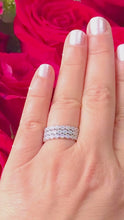 Load and play video in Gallery viewer, Round Cut Simulated Diamonds Three piece Eternity Band Engagement Band Filigree 14K White Gold Wedding Band Bridal Anniversary Band 0.60ctw
