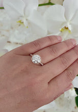 Load and play video in Gallery viewer, Large, Women&#39;s 14K Solid Rose Gold Round Cut Forever One Moissanite and Natural Diamond Engagement Ring Halo Prong 3.30ct
