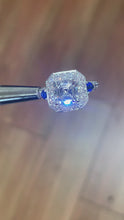 Load and play video in Gallery viewer, 14k Solid White Gold Asscher Cut Forever One Moissanite and Round Natural Diamonds Engagement Deco Halo, Bridal, Wedding, Sapphire  2.05ctw
