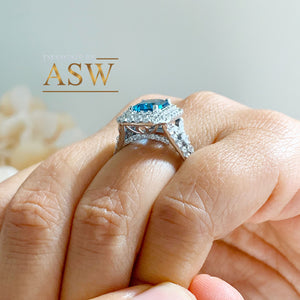14k Solid White Gold Cushion Cut Blue London Topaz and Round Cut Diamonds Engagement Ring Halo Natural Diamonds Split Shank 3.50ctw