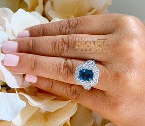 14k Solid White Gold Cushion Cut Blue London Topaz and Round Cut Diamonds Engagement Ring Halo Natural Diamonds Split Shank 3.50ctw
