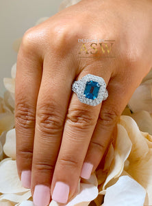 14k Solid White Gold Cushion Cut Blue London Topaz and Round Cut Diamonds Engagement Ring Halo Natural Diamonds Split Shank 3.50ctw