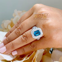 Load image into Gallery viewer, 14k Solid White Gold Cushion Cut Blue London Topaz and Round Cut Diamonds Engagement Ring Halo Natural Diamonds Split Shank 3.50ctw
