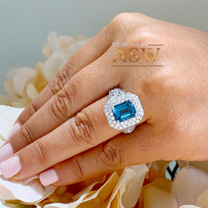 14k Solid White Gold Cushion Cut Blue London Topaz and Round Cut Diamonds Engagement Ring Halo Natural Diamonds Split Shank 3.50ctw