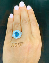 Load image into Gallery viewer, 14k Solid White Gold Cushion Cut Blue London Topaz and Round Cut Diamonds Engagement Ring Halo Natural Diamonds Split Shank 3.50ctw
