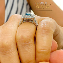 Load image into Gallery viewer, 14k Solid White Gold Cushion Cut Blue London Topaz and Round Cut Diamonds Engagement Ring Halo Natural Diamonds Split Shank 3.50ctw
