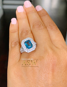 14k Solid White Gold Cushion Cut Blue London Topaz and Round Cut Diamonds Engagement Ring Halo Natural Diamonds Split Shank 3.50ctw