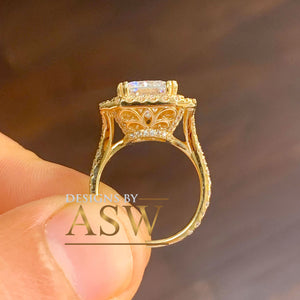 14k Solid Yellow Gold Radiant Cut Moissanite And Natural Diamonds Engagement Ring Double Halo Split Shank Design 3.50ctw