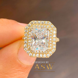 14k Solid Yellow Gold Radiant Cut Forever One Moissanite And Natural Diamonds Engagement Ring Double Halo Split Shank Design 3.50ctw