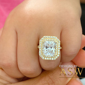 14k Solid Yellow Gold Radiant Cut Moissanite And Natural Diamonds Engagement Ring Double Halo Split Shank Design 3.50ctw