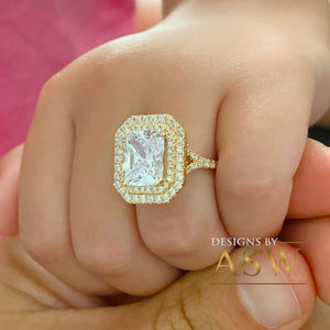 14k Solid Yellow Gold Radiant Cut Forever One Moissanite And Natural Diamonds Engagement Ring Double Halo Split Shank Design 3.50ctw