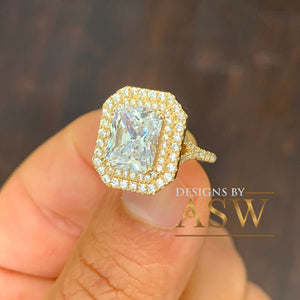 Stunning 14K Solid Yellow Gold Radiant and Round Cut Simulated Diamonds Engagement Ring Set Double Halo Split Shank Design Bridal 4.00ctw