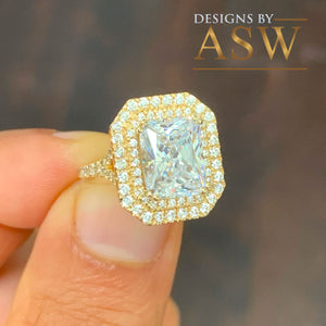 14k Solid Yellow Gold Radiant Cut Moissanite And Natural Diamonds Engagement Ring Double Halo Split Shank Design 3.50ctw