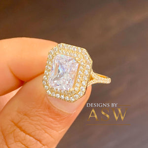 14k Solid Yellow Gold Radiant Cut Moissanite And Natural Diamonds Engagement Ring Double Halo Split Shank Design 3.50ctw