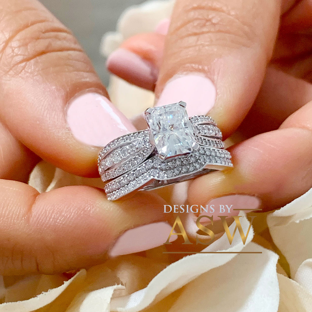 14k White Gold Radiant Cut Moissanite And Diamonds Engagement Ring And Band Set Anniversary, Wedding, Propose 3.30ctw