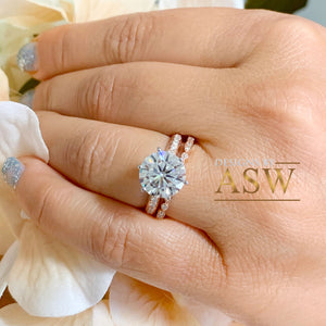 4.50ct women's round cut moissanite and natural diamond engagement ring and band bridal wedding set in solid 14k rose gold