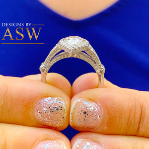 14k Solid White Gold Pear Cut Moissanite and Natural Diamond Engagement Ring Halo, Bridal, Wedding Deco Antique Style  2.00ctw