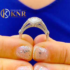 Beautiful 14K Solid White Gold Pear And Round Cut Simulated Diamonds Engagement Ring Bezel Set Halo Filigree Motif Design, Bridal 2.00ct