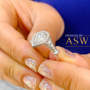 Unique 14K White Gold Pear And Round Cut Natural Diamonds Engagement ring Bezel Set Filigree Antique Style 1.85ctw