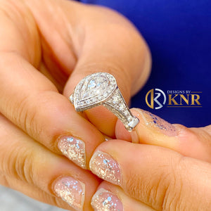 Beautiful 14K Solid White Gold Pear And Round Cut Simulated Diamonds Engagement Ring Bezel Set Halo Filigree Motif Design, Bridal 2.00ct