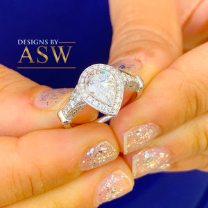 14k Solid White Gold Pear Cut Moissanite and Natural Diamond Engagement Ring Halo, Bridal, Wedding Deco Antique Style  2.00ctw