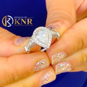 Beautiful 14K Solid White Gold Pear And Round Cut Simulated Diamonds Engagement Ring Bezel Set Halo Filigree Motif Design, Bridal 2.00ct