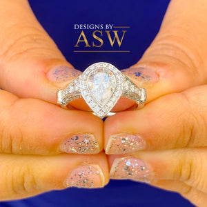 14k Solid White Gold Pear Cut Moissanite and Natural Diamond Engagement Ring Halo, Bridal, Wedding Deco Antique Style  2.00ctw
