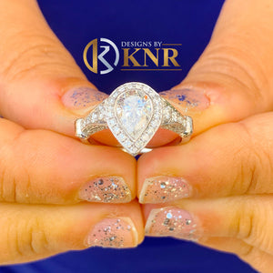 Beautiful 14K Solid White Gold Pear And Round Cut Simulated Diamonds Engagement Ring Bezel Set Halo Filigree Motif Design, Bridal 2.00ct