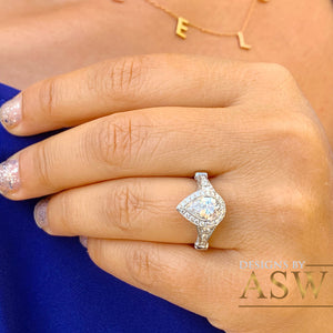 14k Solid White Gold Pear Cut Moissanite and Natural Diamond Engagement Ring Halo, Bridal, Wedding Deco Antique Style  2.00ctw