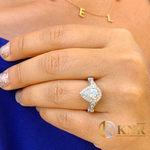 Beautiful 14K Solid White Gold Pear And Round Cut Simulated Diamonds Engagement Ring Bezel Set Halo Filigree Motif Design, Bridal 2.00ct