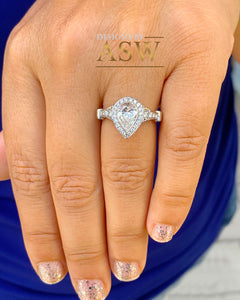 Unique 14K White Gold Pear And Round Cut Natural Diamonds Engagement ring Bezel Set Filigree Antique Style 1.85ctw