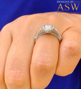 14k Solid White Gold Pear Cut Moissanite and Natural Diamond Engagement Ring Halo, Bridal, Wedding Deco Antique Style  2.00ctw