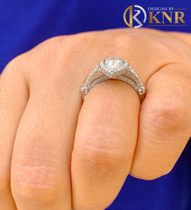 Beautiful 14K Solid White Gold Pear And Round Cut Simulated Diamonds Engagement Ring Bezel Set Halo Filigree Motif Design, Bridal 2.00ct