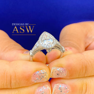 14k Solid White Gold Pear Cut Moissanite and Natural Diamond Engagement Ring Halo, Bridal, Wedding Deco Antique Style  2.00ctw