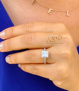 14k Solid White Gold Princess Cut Moissanite And Round Cut Natural Diamond Engagement Ring Art Deco Style Halo 1.70ct