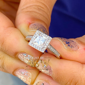 14k Solid White Gold Princess Cut Moissanite And Round Cut Natural Diamond Engagement Ring Art Deco Style Halo 1.70ct