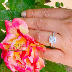 14k Solid White Gold Princess Cut Moissanite And Round Cut Natural Diamond Engagement Ring Art Deco Style Halo 1.70ct