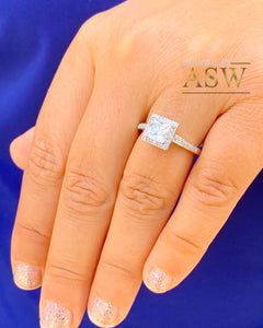 14k Solid White Gold Princess Cut Moissanite And Round Cut Natural Diamond Engagement Ring Art Deco Style Halo 1.70ct