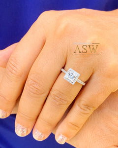 14k Solid White Gold Princess Cut Moissanite And Round Cut Natural Diamond Engagement Ring Art Deco Style Halo 1.70ct