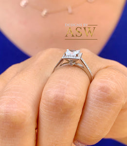 14k Solid White Gold Princess Cut Moissanite And Round Cut Natural Diamond Engagement Ring Art Deco Style Halo 1.70ct