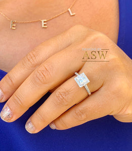 14k Solid White Gold Princess Cut Moissanite And Round Cut Natural Diamond Engagement Ring Art Deco Style Halo 1.70ct