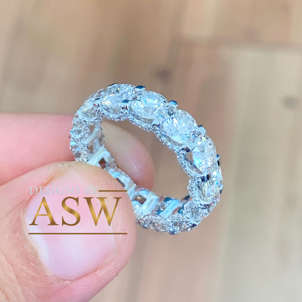 14K Solid White Gold Round Cut Forever One Moissanite Eternity Band Three sided Deco, Bridal, Wedding, 5.50mm 7.00ct