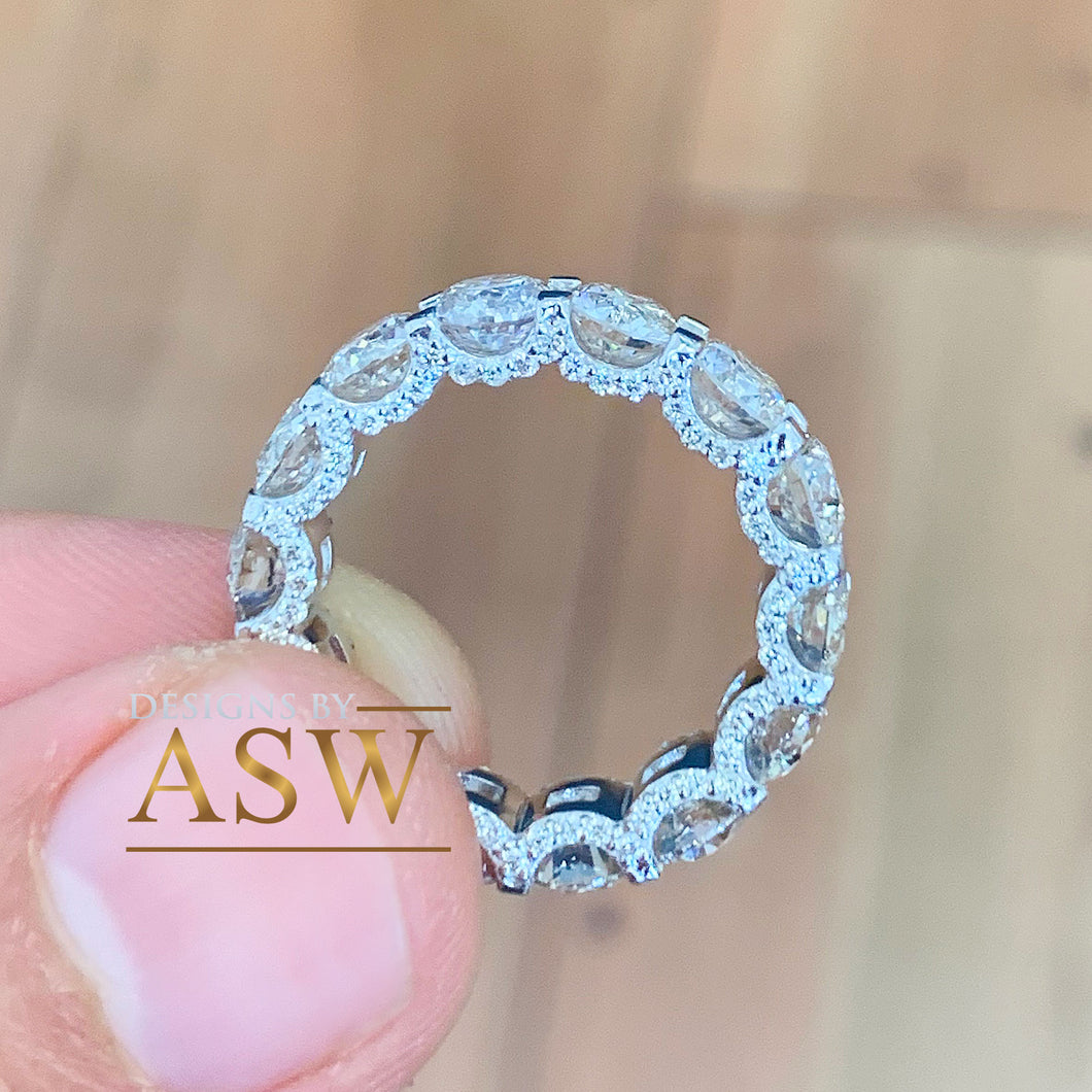 14K Solid White Gold Round Cut Moissanite Eternity Band Three sided Deco, Bridal, Wedding, 5.50mm 7.00ct