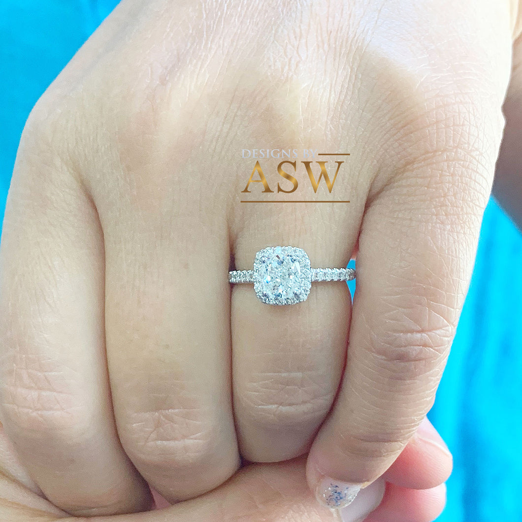 Women's 14K White Gold Cushion Cut and Round Cut Diamond Engagement Ring Halo Bridal Wedding Anniversary Natural Diamonds 1.60ct