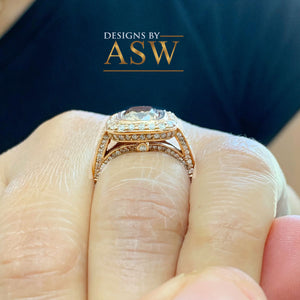 14k Solid Rose Gold Cushion Cut Smoky Topaz And Natural Diamonds Engagement Ring Bezel Set Wedding, Anniversary, Bridal Halo Large 3.70ctw