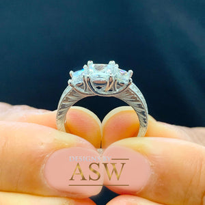 14k Solid White Gold Princess Cut Forever One Moissanite and Natural Diamond Engagement Ring Antique Three Stones 1.60ct