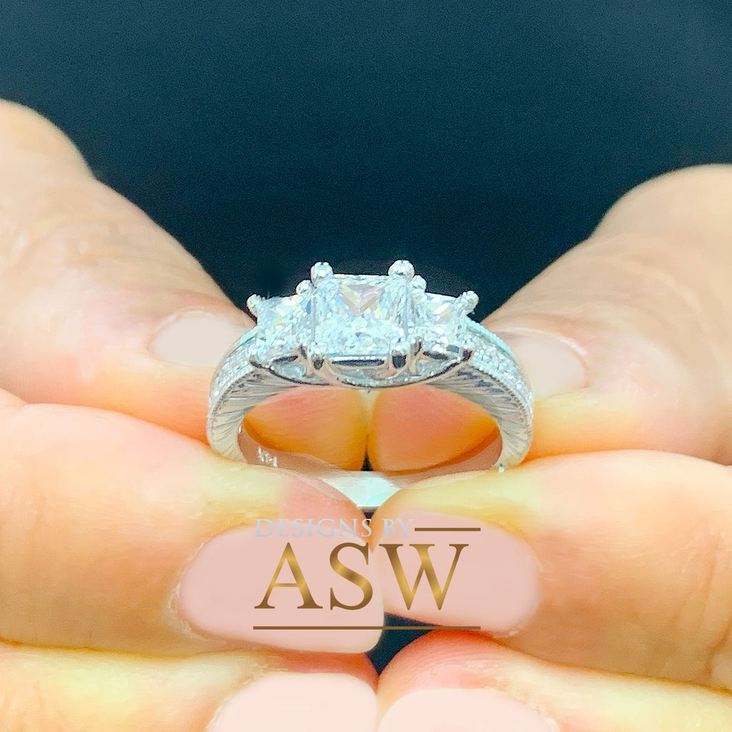 14k Solid White Gold Princess Cut Forever One Moissanite and Natural Diamond Engagement Ring Antique Three Stones 1.60ct