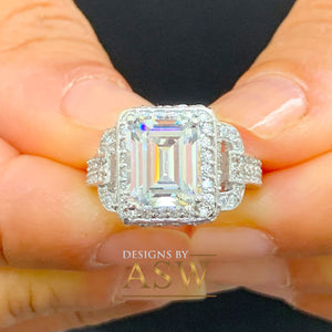 14K Solid White Gold Emerald Cut Moissanite And Round Cut Natural Diamond Engagement Ring Halo Prong Set Bridal Wedding 3.70ctw